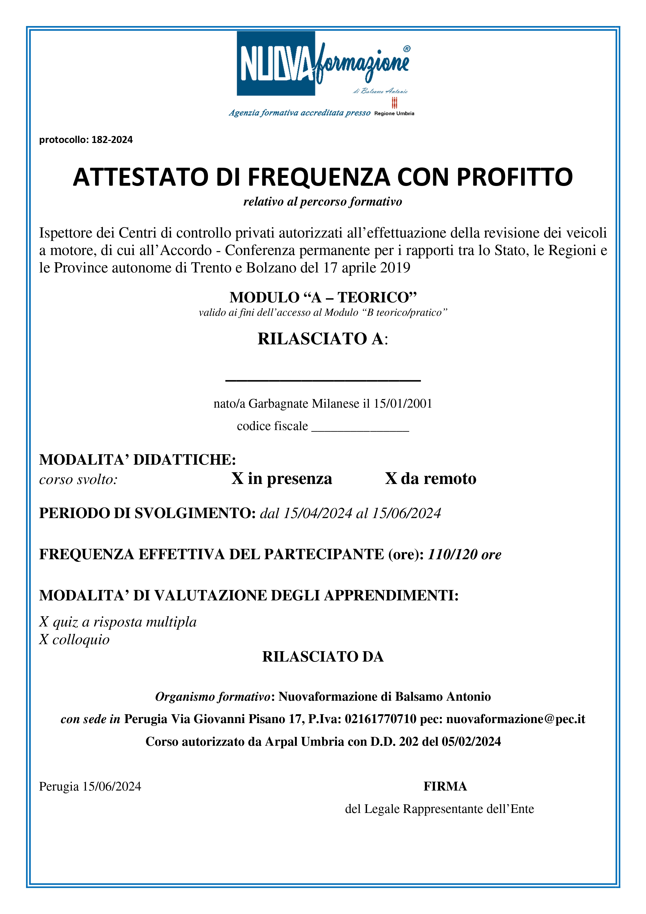 Attestato di frequanza con profitto di Ispettore per la revisione periodica Modulo A